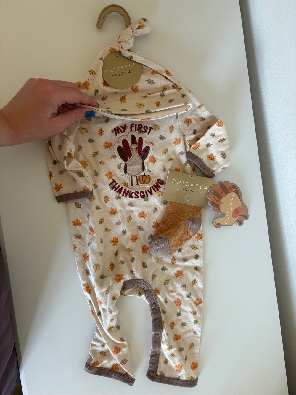 chick pea Cream One-Piece Footie with Autumn Leaf Print and Turkey Embroidery